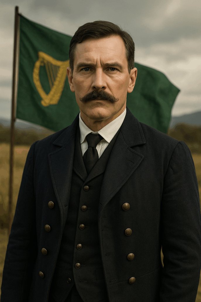 Colonel Mitchell: crisp uniform, decisive gaze, and the Irish harp flag standing proud behind him.